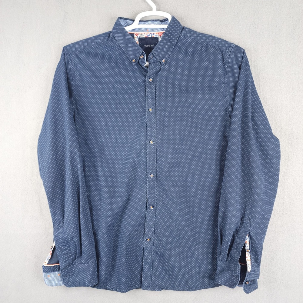 CACTUS MAN Ricky Singh Mens Long Sleeve Button Shirt Floral Cuffs Blue Dot Large